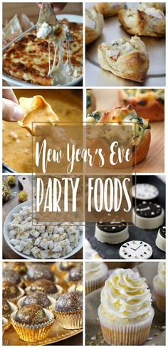 new year's eve party foods collage with text overlay that reads, new years eve party foods