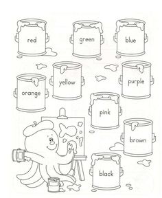 a coloring page with paint cans and an elephant