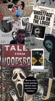 a collage of images with words and pictures on them that say tales from voodoo, ghostface, killer on the loose