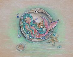 a drawing of a mermaid sitting on top of a starfish in the ocean with bubbles