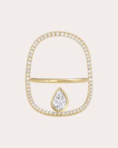 Sculptural and surrealist, the Continuity ring shapes its 14-karat gold band with an open, oval-shaped face that appears to float atop the finger. A single pear-cut diamond and striking array of pavé embellishments create statement shimmer. 14k yellow gold and diamond Diamond carat: 0.57 ctw Diamond color: G-H Diamond clarity: VS1 Polish with soft cloth Made in the USA Measurements Face length: 1in Pear Cut Diamond, Ring Shapes, Diamond Carat, White Space, Fine Rings, Open Ring, Diamond Color, Pear Cut, Gold Band