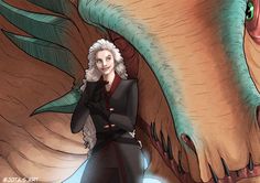 a woman standing next to a giant dragon with her arms crossed and eyes closed in front of her