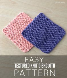 two crocheted squares with text that says easy textured knit dishcloth pattern