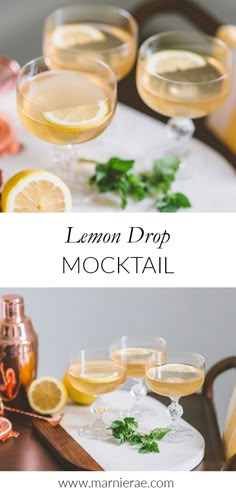 three glasses of lemon drop cocktail on a table with the words, lemon drop cocktail