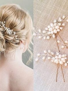 a woman wearing a bridal hair comb with pearls on it and an image of the back of her head