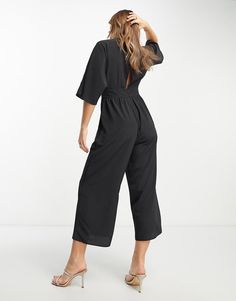 Jumpsuits & Rompers by ASOS DESIGN One-piece wonder V-neck Mid sleeves Zip-back fastening Wide leg Regular fit Spring Wide-leg Black Jumpsuits And Rompers, Cheap Black V-neck Jumpsuits And Rompers, Black V-neck Jumpsuit From Zara, Black V-neck Summer Jumpsuit, Black V-neck Jumpsuit With Pockets, Culotte Jumpsuit, Body Fit, Dress Shop, Black Fashion