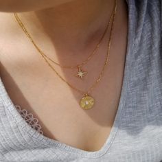 "An opalescent center stone adds to the striking found-object aesthetic of a sunburst-etched coin pendant necklace. ♥ Measurement of pendant: 18 mm tall and width (gold plated) ♥ Available in 16\", 18\", 20\", 22\" and 24\" figaro chain length (gold plated on the top of 925 sterling silver) ♥ Width of figaro chain: 1.5 mm ♥ Spring ring clasp ♥ Nickel free ♥ All items are packed inside an elegant Gold Spoon jewelry box. If you are purchasing a product to send as a gift, we can send the product di Gift Clavicle Chain Layered Necklace, Gift Layered Clavicle Chain Necklace, Layered Clavicle Necklace As A Gift, Celestial Style Jewelry With Satellite Chain As Gift, Round Satellite Chain Jewelry As Gift, Celestial Satellite Chain Jewelry As Gift, Pendant Necklace With Figaro Chain As Gift, Celestial Jewelry With Satellite Chain As A Gift, Figaro Chain Pendant Necklace As Gift