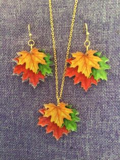 Autumn Leaves Necklace and Earrings  Resin, 1" x 1 1/4" Earrings on gold tone stainless ear wires Necklace on 18" gold tone stainless Multicolor Leaf Shaped Jewelry For Gifts, Multicolor Leaf-shaped Jewelry Gift, Handmade Multicolor Leaf-shaped Jewelry, 4 Earrings, Leaves Necklace, Earrings Resin, Wire Necklace, Wedding Jewellery, Leaf Necklace