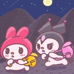 two cute little cartoon characters sitting next to each other on a hill at night with the moon in the background