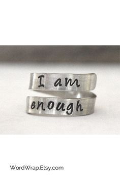 I am enough twist ring in 925 sterling silver. Our hand stamped, spiral wrap around ring provides a positive, motivational, and gentle reminder of what matters. Order your reminder today! #iamenough #wrapring #positivespeak #twistring #handmadejewelry Wrap Around Ring, Simple Silver Jewelry, Metal Stamped Jewelry, Pear Shaped Engagement Rings, Stamped Rings, I Am Enough, Engagement Ring Shapes, Pear Engagement Ring, Wrap Ring