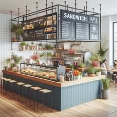 the interior of a restaurant with plants and food on display in front of the counter