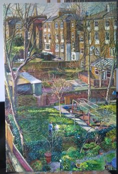 a painting of an urban garden with buildings in the background