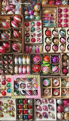 many different types of ornaments are in boxes