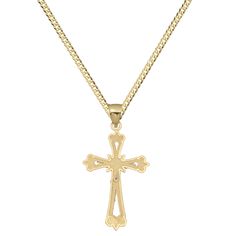 Here's a Cross Necklace. From our Necklace Collection, this Real 10K Yellow White Gold 1 1/2" Cut-Out Crucifix Cross Jesus Pendant comes with a 2mm Solid Curb Chain. Product Details:Metal : Real 10K GoldWeight :16": 3.54 grams18": 3.84 grams20": 4.14 grams22": 4.44 grams24": 4.74 gramsLength : Chain: SelectableElement: 1 1/2" x 3/4" = 39mm x 20mmBail : Element: 5.5mm by 5mm 14k Gold Cross Figaro Chain Jewelry, Yellow Gold Cross Jewelry With Curb Chain, Yellow Gold Cross Necklace With Curb Chain, Father Son Holy Spirit, Jesus Today, Jesus On The Cross, God Jesus, Father And Son, Yellow White