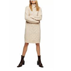 New Store Displaysee Pictures Style# 23d02tivr Ivory-Brown In A Classic Cable Knit, This Cozy Sweater-Dress Has A Relaxed, Slightly Oversized Fit That Makes It Easy To Throw On Whenever There's A Chill In The Air. Topshop Us Sizes Shown. Xs=2, S=4-6, M=8-10, L=12, Xl=14. 34" Length (Size 8). Slips On Over Head. Cowl Neck. Long Sleeves. Unlined. 62% Acrylic, 36% Polyester, 2% Elastane. Machine Wash, Line Dry. Dress And Jumper Outfit, Cozy Sweater Dress, Midi Sweater Dress, Cable Knit Sweater Dress, Topshop Dresses, Long Sleeve Sweater Dress, Poplin Dress, Sweater Dress Midi, Knit Midi