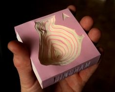 a person holding up a pink box with an image of a onion on the side