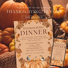 a thanksgiving dinner flyer with pumpkins and other autumn decorations in the background, along with a phone