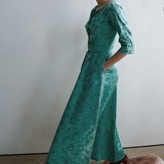 Vintage Antique 50’s To 60’s Dated I.Magnin X Dynsaty Formal Full Length Dress In Teal Green. Features 3/4 Length Sleeves, Pockets, Froglet And Zip Closure. Best Fit For An Extra Small Or Small. Made In Bc Hong Kong, Dry Clean Only. No Flaws. Model Is Normally An Extra Small And 5’10” For Reference. Full Length Dress, Dresses Vintage, Teal Green, Dresses Xs, Vintage Antiques, Hong Kong, Vintage Dresses, Length Sleeve, Colorful Dresses