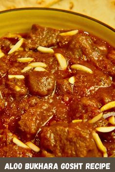 This traditional family recipe for Aloo Bukhara Gosht Recipe is of Kashmiri origin. Popular for celebrations like Eid, this delicious curry is cooked like a korma with succulent boneless beef. In addition to the traditional ingredients like onions, tomatoes, garlic, and spices, soaked and dried South Asian plums are added to the curry. The final result is a sweet, spicy, tangy curry with slivered almonds.