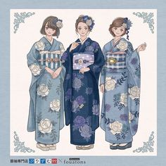 two women in blue and purple kimonos standing next to each other with flowers on them