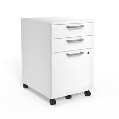 a white filing cabinet with three drawers on wheels