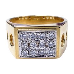 Vintage 1.50ct Diamond Square Design Statement 14k Gold Ring. The ring features 12 round cut high color high clarity diamonds approx total weight 1.50 carats. The ring is a size 12. The ring measures 17mm X 13mm. The ring weights 14.3 grams of 14k solid yellow gold. Circa 1970's Gia Certified Yellow Gold Diamond Ring, Luxury Brilliant Cut Round Signet Ring, Luxury Brilliant Cut Signet Ring, Diamond White Brilliant Cut Diamond Signet Ring, Design Statement, 14k Gold Ring, Square Design, Diamond Rings, Gold Ring