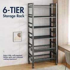 a metal shelving unit with 6 tier storage rack in the corner next to a desk and chair