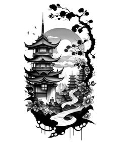 Samurai House Tattoo, Japanese Building Tattoo Design, Dragon And Temple Tattoo, Japanese Temple Tattoo Stencil, Japanese House Tattoo, Chinese Temple Tattoo, Japanese Temple Tattoo Design, Japanese Tree Tattoo, Japanese Temple Tattoo