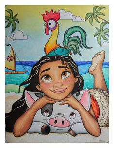 Gravura da Moana impressa e colorida a lápis de cor, várias marcas (Faber-Castell supersoft, TRIS retratos, Maped e outros). Na imagem está a princesa Moana deitada de bruços com uma perna levantada, abraçada ao seu porco de estimação, olhando para cima, com o galo Reyrey na sua cabeça . Ao fundo vemos o oceano com uma embarcação e algumas palmeiras. O céu é de um tom degradê do amarelo ao azul e tem nuvens fofinhas nele. Moana Drawing Ideas, Drawing Moana, Moana Drawing, Child Art, Drawings Ideas, Disney Moana, Moana, Cool Drawings, Crayon