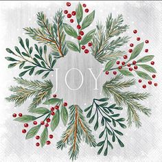 a christmas card with holly, berries and mist on it's side that says joy