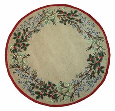 a white and red plate with green leaves on it