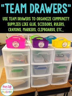 several plastic bins are stacked on top of each other in front of a sign that says team drawers