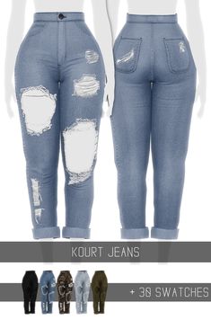 three different styles of jeans with holes on them and the words kourt jeans written in white