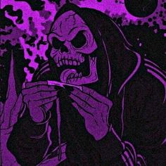 a drawing of a skeleton eating something out of a spoon in front of a purple background