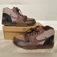 Selling: Men's Travis Scott X Nike Air Trainer 1 Sp 'Wheat' Light Chocolate / Rust Pink / Archaeo Brown Size 12 Shoes New W/ Box Style #: Dr7515-200 Shoes Are 100% Authentic And Brand New With Box. Box Is Slightly Damaged. Please Review Pictures For Box Condition. Retail: $140.00+ Tax $290.00 Buy It Now Nike Brown Basketball Shoes For Streetwear, Brown Basketball Shoes With Cushioned Footbed For Streetwear, Nike Brown Basketball Shoes With Rubber Sole, Nike Brown Sneakers With Abzorb Midsole, Casual Brown Nike Basketball Shoes, Nike Brown High-top Basketball Shoes, Nike Brown Basketball Shoes For Sports, Brown Mid-top Custom Sneakers With Laces, Custom Brown Mid-top Sneakers