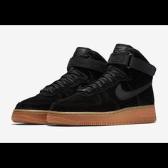 Nike Air Force 1 Modern Black High-top Sneakers With Gum Sole, Black High-top Suede Sneakers, Black Suede Sneakers With Gum Sole, Black Suede High-top Sneakers, Nike Air Force 1 Leather With Laces, Nike Air Force 1 High-top Leather With Gum Sole, Modern Nike Air Force 1 Leather Lace-up, Nike Black High-top Sneakers With Gum Sole, Black Suede Custom Sneakers For Sports