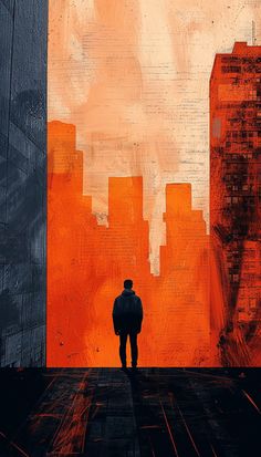 a painting of a man standing in front of an orange and black cityscape