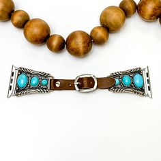 This Apple Watch Band is the perfect way to spice up your outfit! These new bands are easily switched out for whenever you change your outfit! Watch band adjusts between 5.5 inches to 7 inches long. SKU: #0420-2201 Western Pendant, Brown Apple, Turquoise Stones, New Bands, Apple Watch Band, Turquoise Stone, Spice Up, Apple Watch Bands, Watch Band