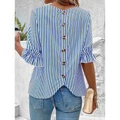 Season:Summer; Sleeve Length:Half Sleeve; Gender:Women's; Style:Bohemia,Elegant; Tops Type:Blouse,Dressy Tops; Occasion:Work; Pattern:Striped; Design:Ruffle,Buttons; Neckline:Crew Neck; Brand:Shall We; Front page:FF; Listing Date:06/04/2024; Clothing Length:null; Bust:null; Shoulder Width:null; Sleeve:null; Fit US Size:null; Fit UK Size:null; Fit EU Size:null Jeans Overall, Cami Shirt, Cardigan Sweater Dress, Jeans Cargo, Maxi Robes, Blazer And Shorts, Summer Blouses, Yoga Shorts, Dressy Tops