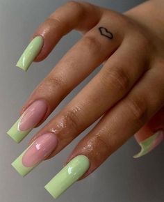 Green Coffin Acrylic Nails French Tip, Medium Straight Nails Acrylic, Spring Nails 2024 Square Long, Full Painted Acrylic Nails, August Bday Nails, Summer Acrylic Nails Square French Tip, Summer Nail Inspo Coffin Simple, Long Acrylic Nails Simple Design, Short Green Square Acrylic Nails