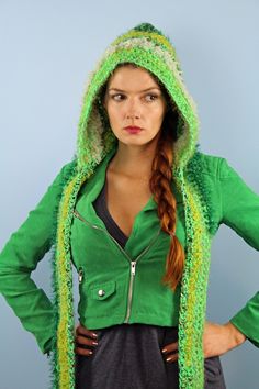 This is a gorgeous many toned green hooded scarf . It is handmade and crochet with a variety of yarn. It offers unique style as well as warmth. It is extra soft and fuzzy. It is composed of many different shades and hues of fancy green yarn. It is crochet that has been made double thick with two strands of yarn to insure maximum insulation. However, this hooded-scarf could be worn most of the year if you wish . Be the Brightest most unique person on any occasion! This scarf hood would make a gre Green Fitted Crochet Hat For Winter, Green Crochet Hat Made Of Yarn, Hand-knitted Green Crochet Hat, Green Handmade Crochet Yarn Hat, Handmade Green Crochet Yarn Hat, Green Hand Knitted Crochet Hat, Green Handmade Fitted Crochet Hat, Handmade Fitted Green Crochet Hat, Whimsical Green Crochet Yarn Hat