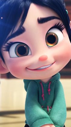 an animated character with black hair and big eyes wearing a green shirt, sitting on a table