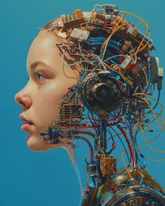 a woman's head is covered in wires and electronic components