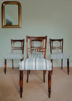 Four Antique French Chairs with a nautical theme Pierce Dollhouse, Antique French Chairs, Escape To The Chateau, Furniture Blue, Louis Chairs, Dining Room French, Bedroom Chairs, Antique Bedroom, Work Portfolio