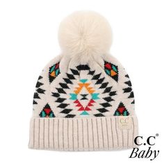 Add a little South Western flare to your baby's CC beanie this year. This adorable combination has a quality Plush pom to top it off. The added cuff allows your little one to wear this beanie as slouchy or non-slouchy as you would like. Quality knitted vertical stitching allows the perfect fit every time on all sizes of heads. This product is designed to keep your little one warm and comfortable during the cold months. Made from premium materials, this hat is soft to the touch, ensuring your bab Native American Pattern, Southwest Print, Jane Clothing, Cc Beanie, American Pattern, Kids Beanies, Faux Fur Pom Pom, Aztec Pattern, Pom Beanie