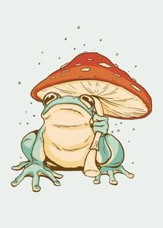 a frog sitting on the ground next to a mushroom