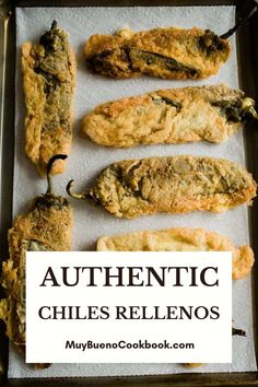 authentic chiles rellenos on a baking sheet with text overlay that reads authentic chiles rellenos