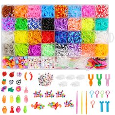 the box contains many different types of loom bands and clips for making bracelets