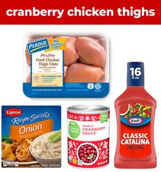 an image of chicken thighs and other foods in the same package with text that reads cranberry chicken thighs