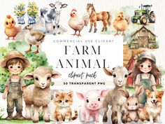 farm animal clipart pack for commercial use with watercolors and hand painted illustrations